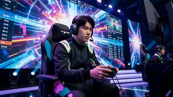 电竞赛事舞台上的选手与比赛大屏画面
