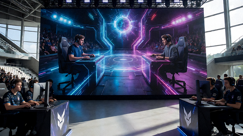 电竞赛事舞台现场大屏幕与选手对战画面